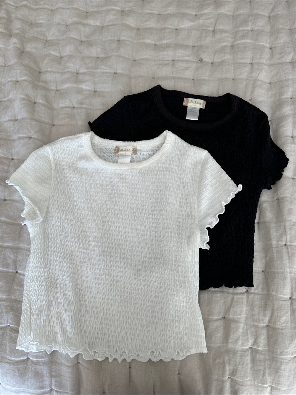 Altar'd State White & Black Ribbed Ruffle Short Sleeve Tee